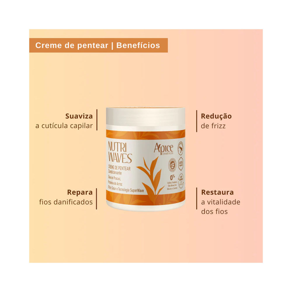 Creme de Pentear Apice Nutri Waves 500g com fundo degradê laranja claro e destaque para benefícios